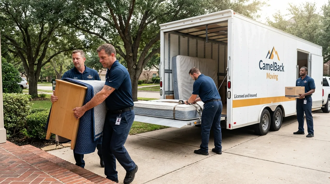 Crew loading residential truck for cross-state move from La Crosse, KS