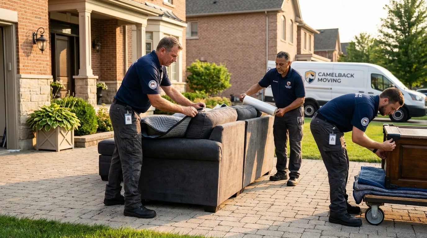 Large estate moving crew wrapping furniture in La Crosse, KS