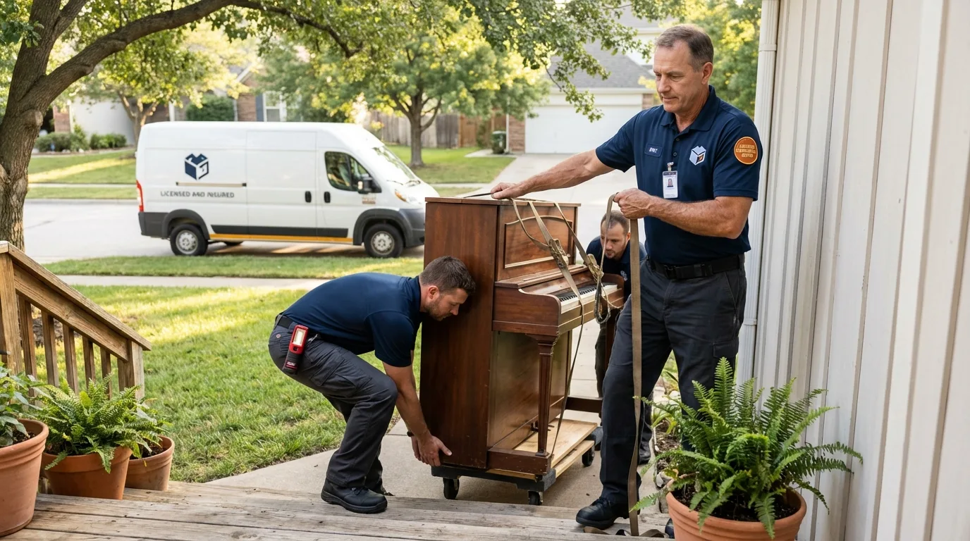 Licensed piano movers securing grand piano in La Crosse, KS