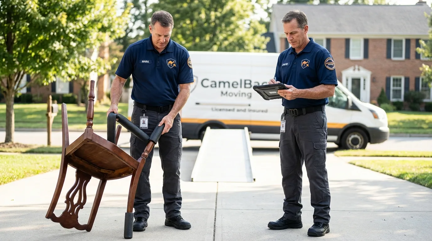 Movers inspecting furniture for damage prevention before loading in La Crosse, KS